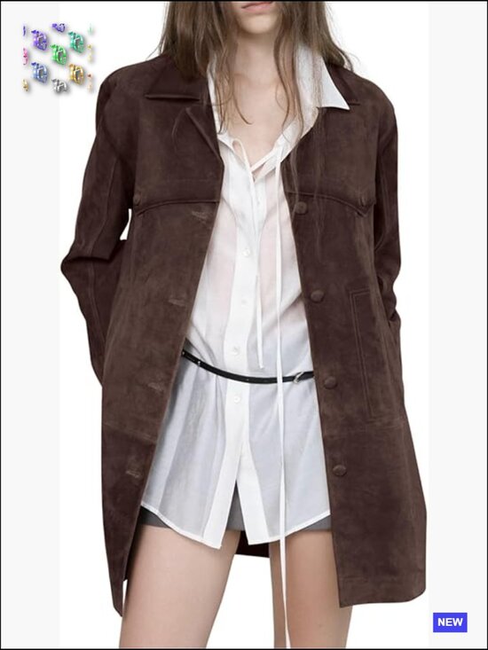 Jackets & Blazers - Retro Faux Suede Leather Shacket Jacket Lapel Collar Mid Long Coat Oversized